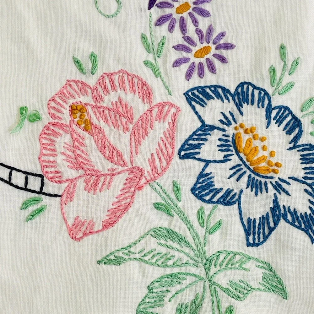 Hand Embroidered Floral Cotton Table‎ Runner Crochet Edge White Multicolor Decor